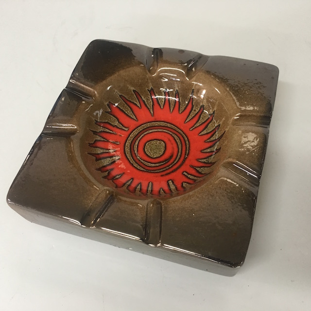 ASHTRAY, 1970s Glazed - Square Brown w Red Eye